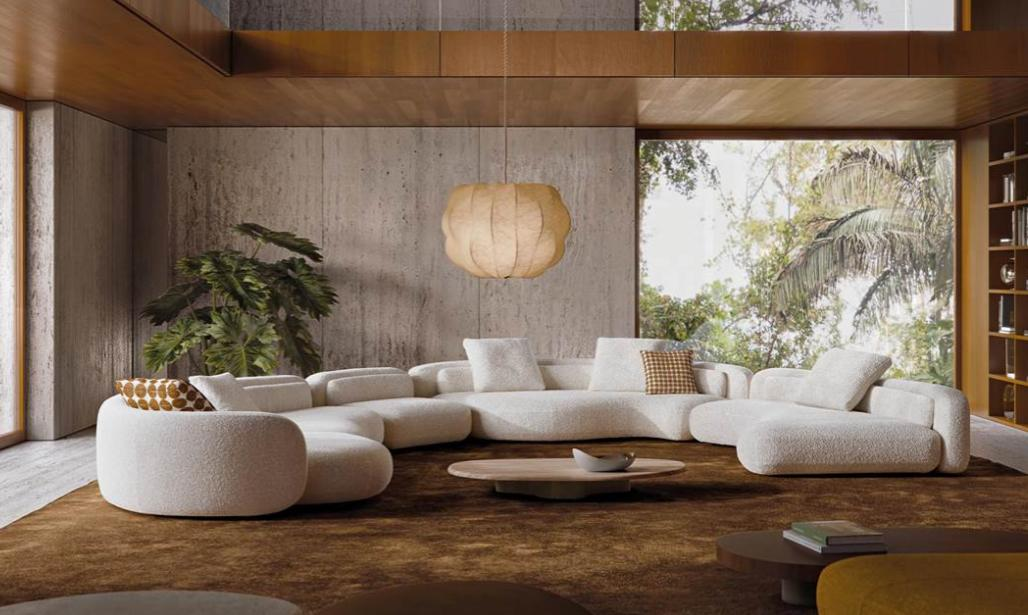 White textured modular sectional sofa around a low coffee table