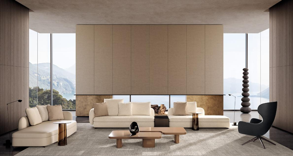 Cream modular sofa collection with coffee tables and a black lounge chair