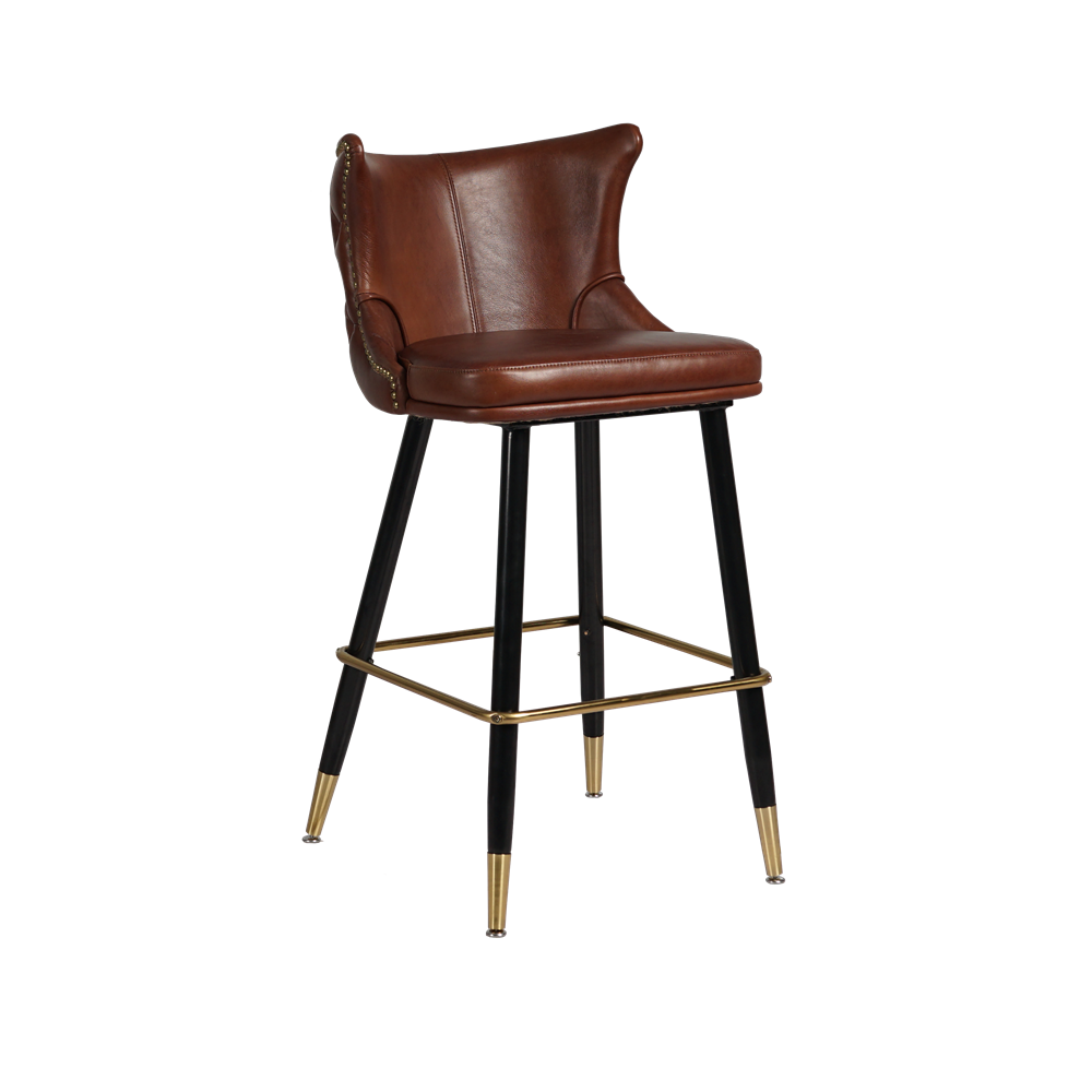 AC159 vintage brown leather bar chair with metal base, curved back and brass-tone footrest