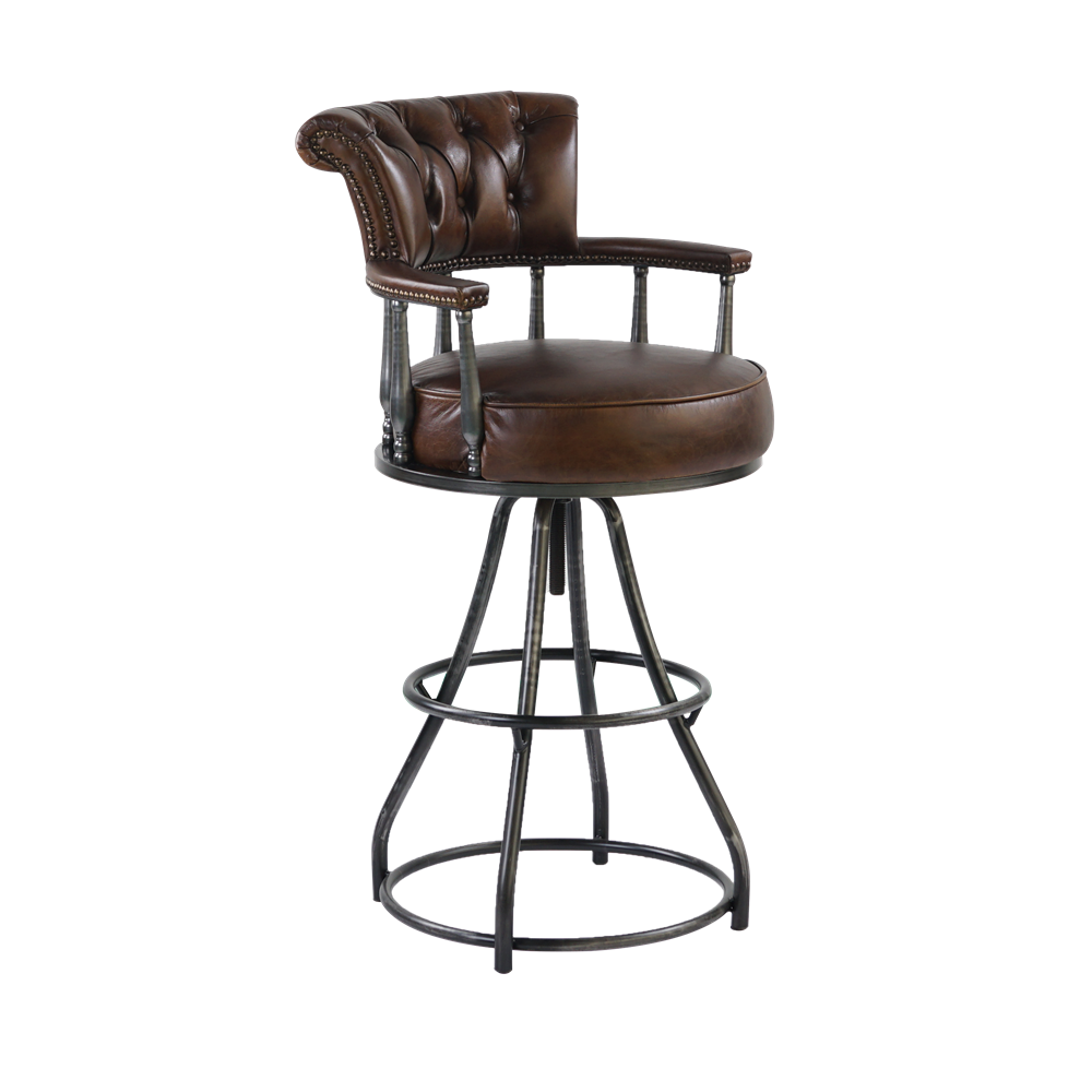 Vintage-style brown tufted bar chair with armrests, nailhead detailing and circular metal footrest