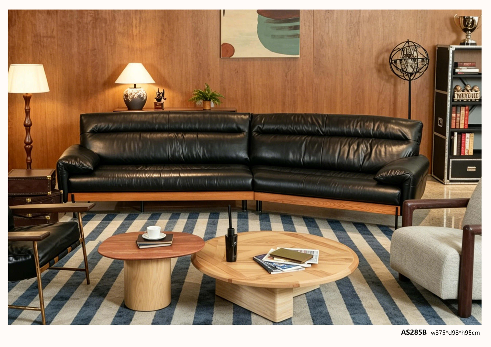 Black vintage-inspired leather sectional sofa AS285B from Foshan, China