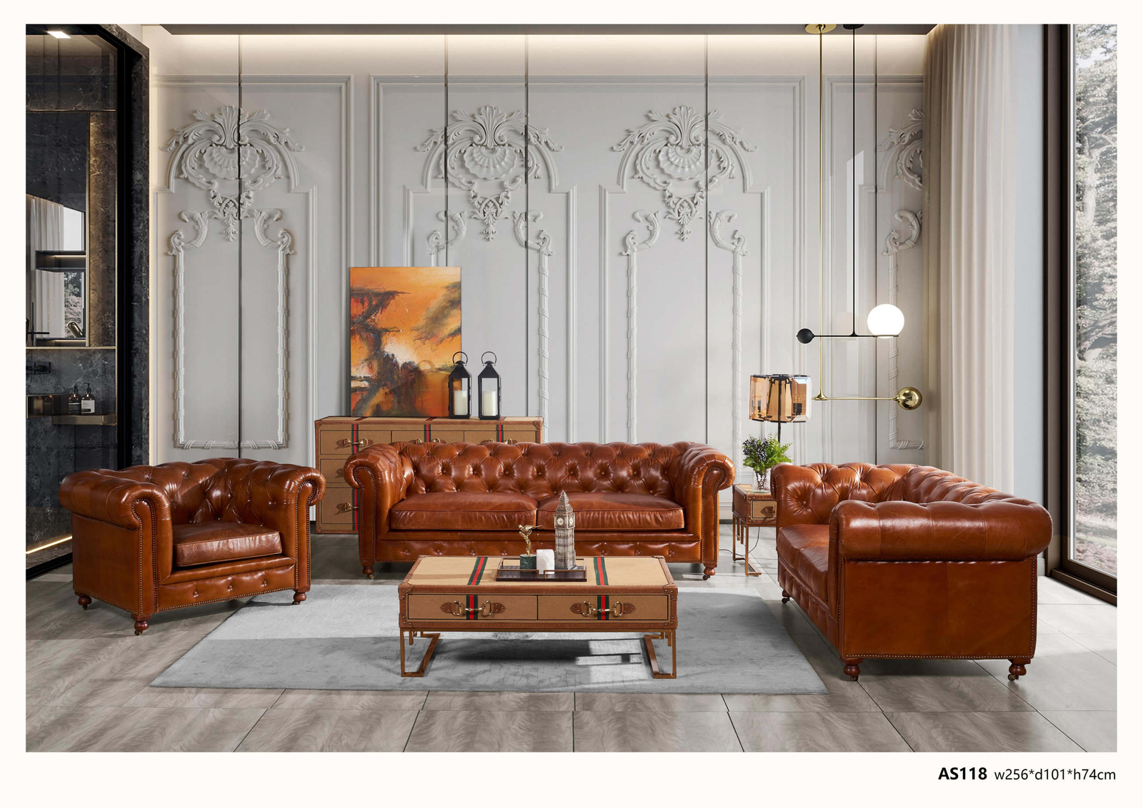 Vintage brown leather Chesterfield sofa set model AS118 sourced in Foshan, China