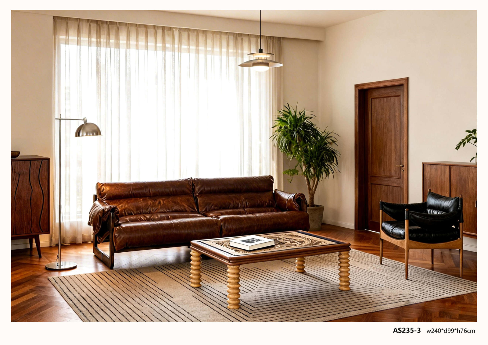 Brown vintage leather sofa AS235-3 with relaxed cushions and timber frame from Foshan, China