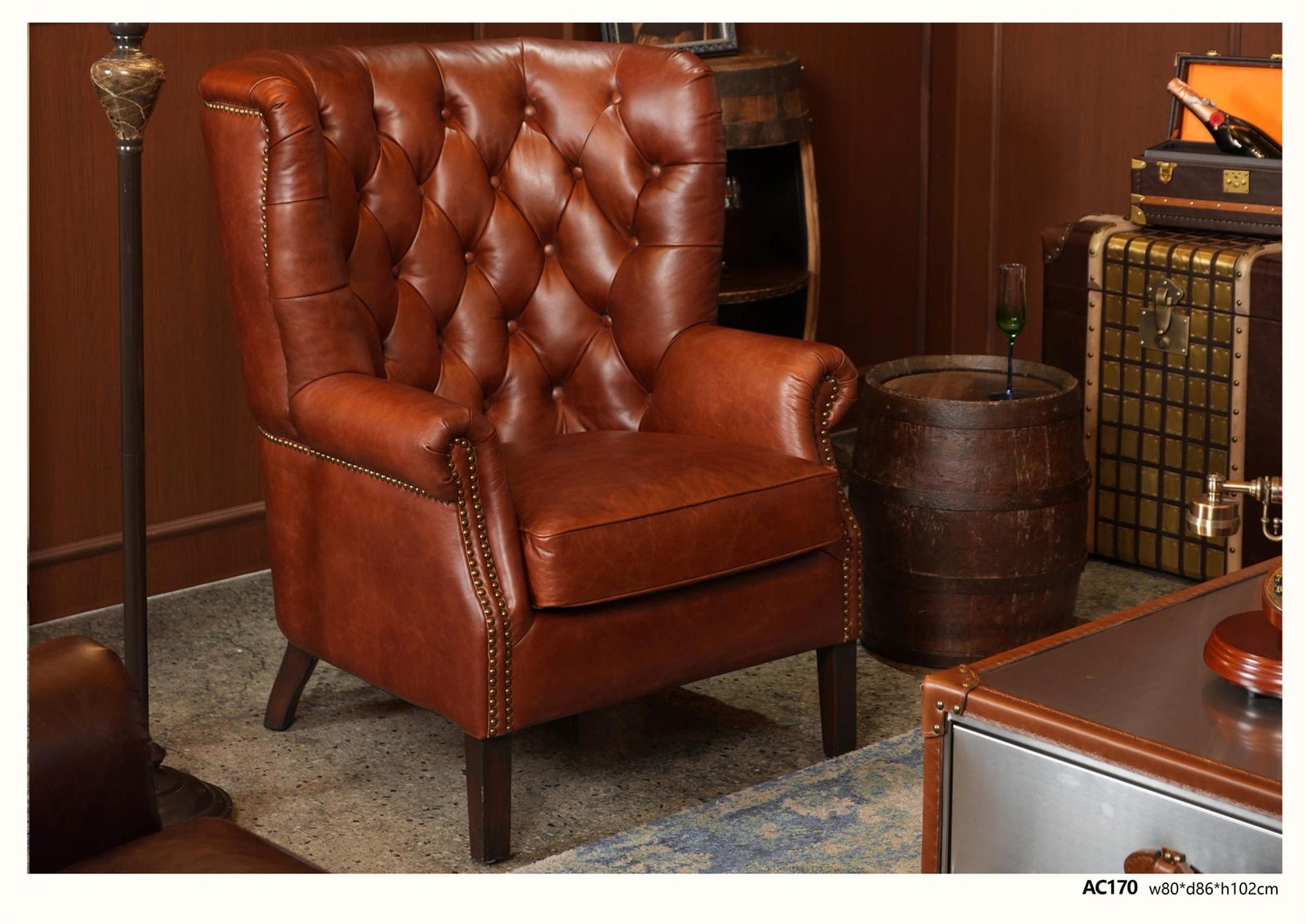 Brown Chesterfield-style vintage leather wingback leisure chair AC170 from Foshan, China
